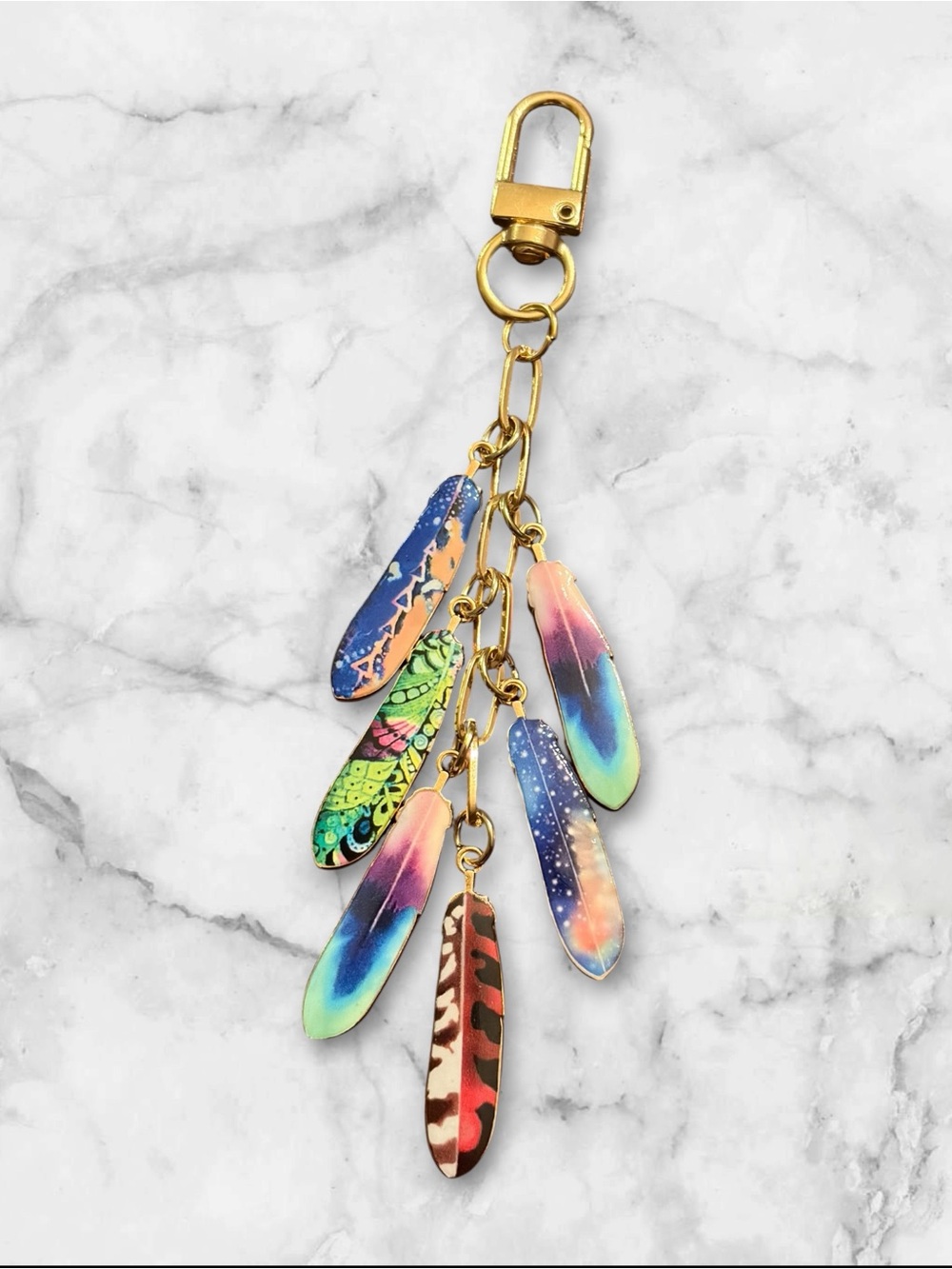 Gold-Tone Multi-Color Feather Charm Keychain - Women Jewelry